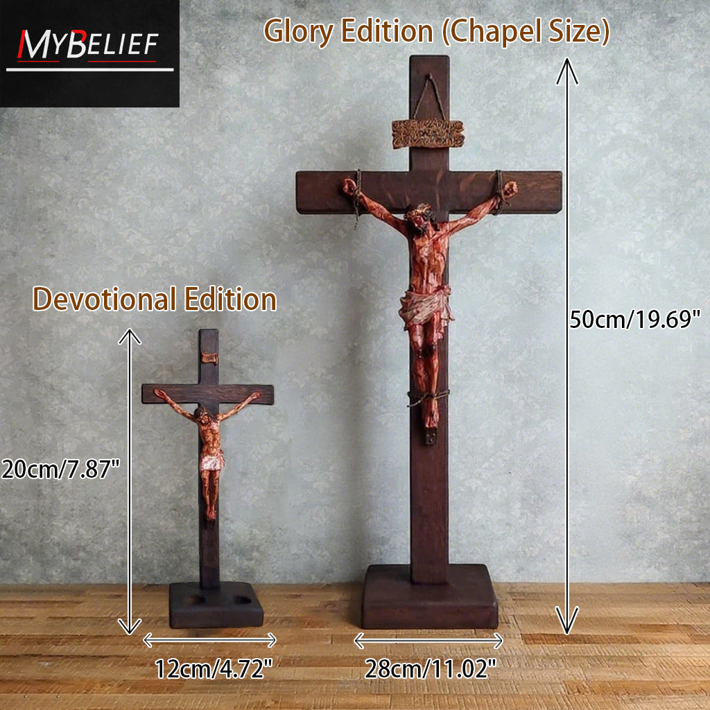 ✝️ Hand-Carved Calvary Crucifix - Sacred Heart Altar Set w/Blessing Certificate | Solid Walnut Devotional Cross for Home Chapel